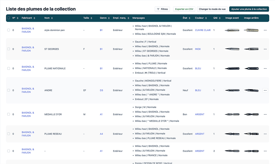 Listing calamophilie et inventaire plume