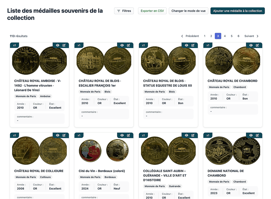 Gestion collection médaille souvenir en ligne